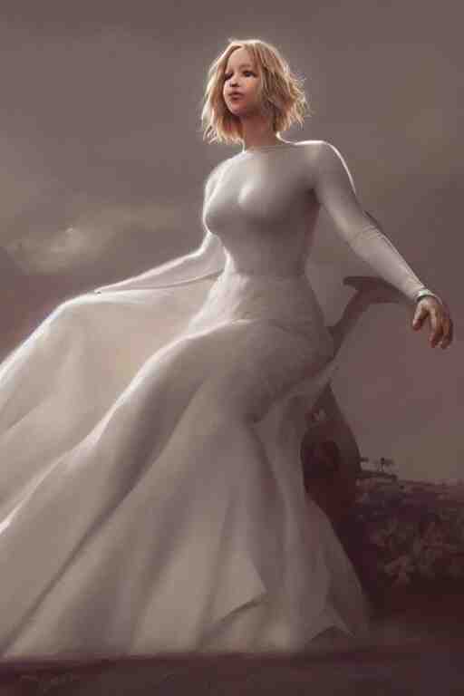 Jennifer Lawrence as Queen wearing a White Dress, anatomy, only two hands, highly detailed, digital painting, artstation, concept art, smooth, sharp focus, illustration, Unreal Engine 5, 8K, art by art by artgerm and greg rutkowski and edgar maxence