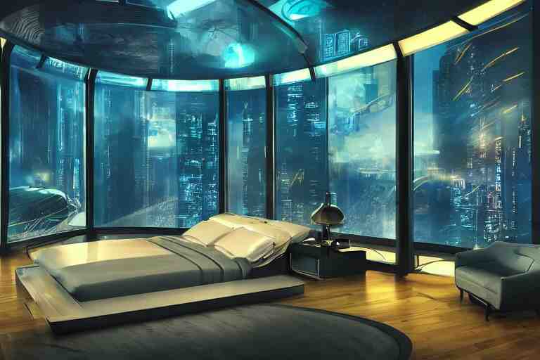 a futuristic bedroom with large curved ceiling high windows looking out to a far future cyberpunk cityscape, cyberpunk neon lights, raining, scifi