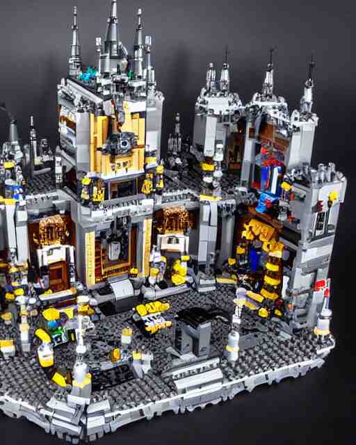 a high quality photograph of an intricate complex lego set of a realistic cyberpunk castle