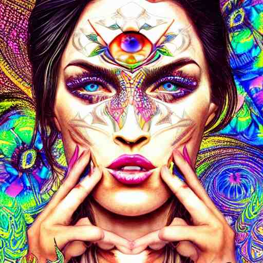 an extremely psychedelic portrait of megan fox, surreal, lsd, face, detailed, intricate, elegant, lithe, highly detailed, digital oth, sharp focus, illustration, 