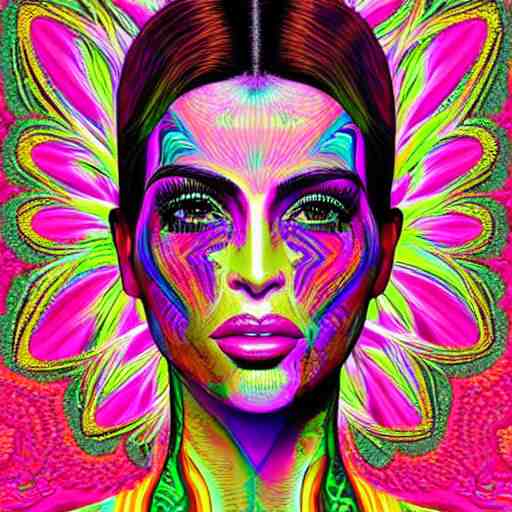 an extremely psychedelic portrait of kim kardashian, surreal, lsd, face, detailed, intricate, elegant, lithe, highly detailed, digital oth, sharp focus, illustration, 