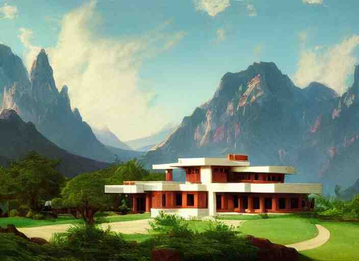 painting of a frank lloyd wright house in front of beautiful mountains by thomas cole 