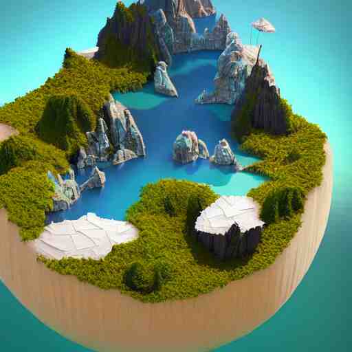 a floating island on an aquatic environment isometric art, lago de sorapis landscape, low poly art, game art, artstation, 3D render, high detail, cgsociety, octane render