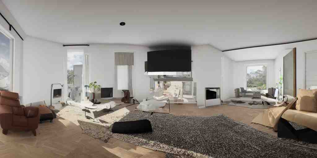 Equirectangular GoPro VR render of a modern living room, natural colors, ambient occlusion, national geographic, 8k uhd