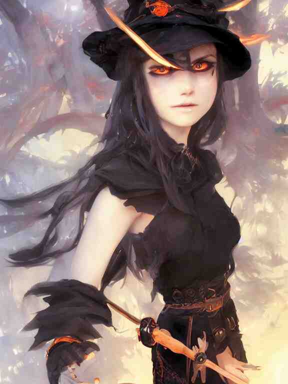 Full shot of a cute mischievous young witch about to get up to some trouble. Latin inspired fashion. Black and Orange palette. By Ruan Jia and Artgerm and Range Murata and WLOP and CLAMP. Key Art. Fantasy Illustration. award winning, Artstation, intricate details, realistic, Hyperdetailed, 8k resolution.