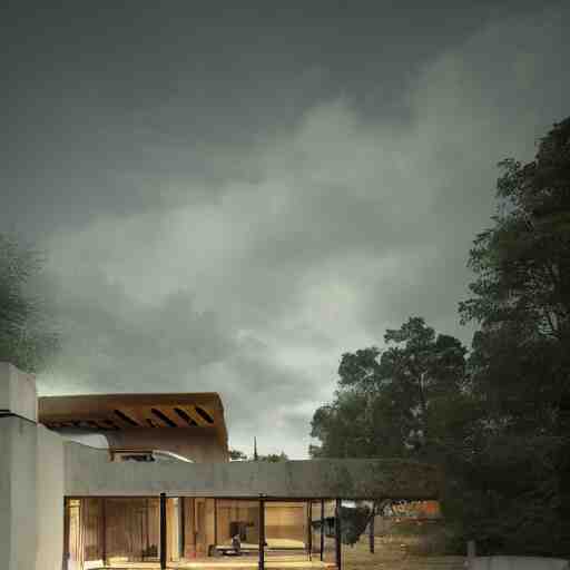 rectangular modernist house inspired by a tibetan palace, atrium, two levels, in a field, big trees, clouds, dramatic lighting, artstation, matte painting, raphael lacoste, simon stalenhag, frank lloyd wright, drone view 