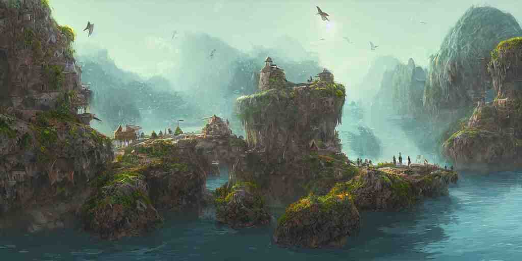 peaceful village built on floating rocks in the sky, rope bridges, birds in background, high fantasy, detailed, digital painting, realistic, landscape by jonathan berube 