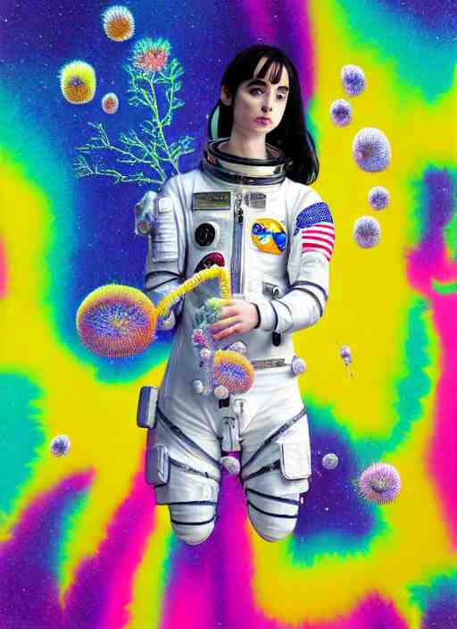 hyper detailed render - kawaii portrait (astronaut, suit, chrome dino, porcelain forcefield, looks like Krysten Ritter) Eating Strangling network yellowcake aerochrome watercolor and milky Fruit and His delicate Hands hold gossamer polyp bring iridescent fungal flowers dress