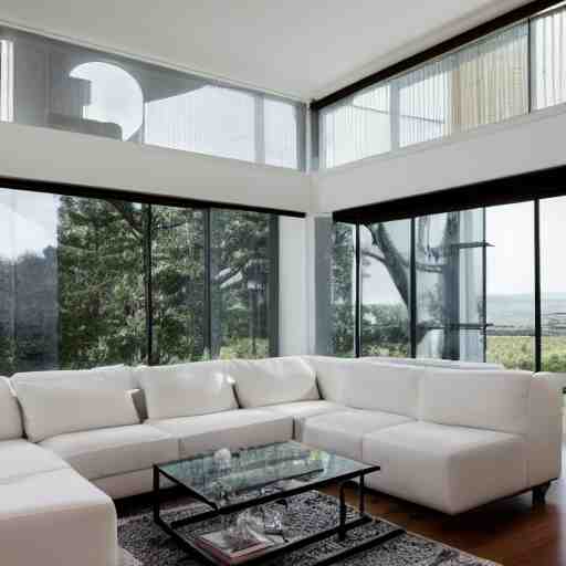 A modern living room with floor to ceiling glass windows on the left and on wooden stairs to the second floor on the right, two white sofas with a white marble table in the center, 8k resolution, professional interior design photograph, wide angle photograph