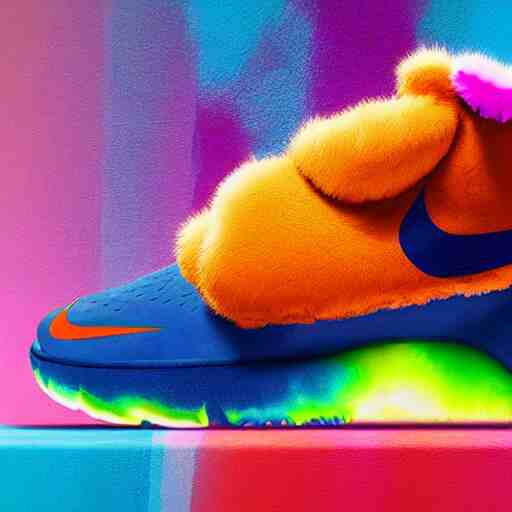 poster nike shoe made of very fluffy colorful faux fur placed on reflective surface, professional advertising, overhead lighting, heavy detail, realistic by nate vanhook, mark miner 