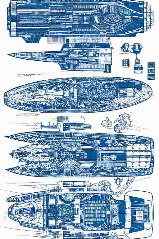 intricately detailed blueprint of a cruiser class spaceship by Jen Bartel and Dan Mumford and Satoshi Kon