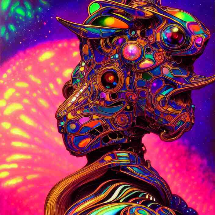 bright psychedelic animal cyborg, diffuse lighting, fantasy, intricate, elegant, highly detailed, lifelike, photorealistic, digital painting, artstation, illustration, concept art, smooth, sharp focus, art by John Collier and Albert Aublet and Krenz Cushart and Artem Demura and Alphonse Mucha