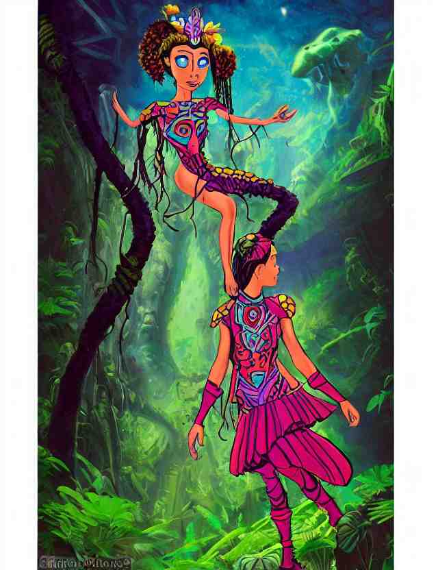 aztec scifi princess of the fungus rainforest, wearing a lovely dress. this oil painting by the beloved children's comic artist has an interesting color scheme and impeccable lighting. 