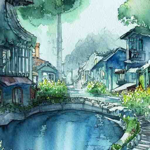 Beautiful happy picturesque charming sci-fi town in harmony with nature. Beautiful light. Water and plants. Nice colour scheme, soft warm colour. Beautiful detailed watercolor by Lurid. (2022)