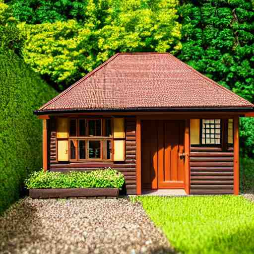 small wooden german garden house, brown, plastic roofed veranda with brown wood side fence, rembrandt style painting, extremely wide angle 