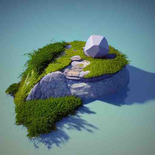 a floating island on an aquatic environment isometric art, lago de sorapis landscape, low poly art, game art, artstation, 3D render, high detail, cgsociety, octane render