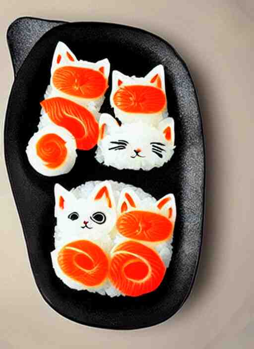 clear surrealist painting of adorable cats made from sushi rice, sitting on sushi plates with garnish 