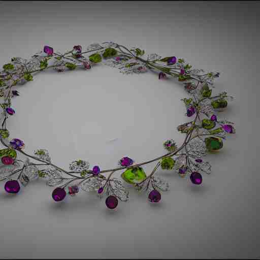 intricate! organic, nordic wedding ring, necklace, gemstones, isolated on dreamy floral background, refraction, occlusion, lower and upper levels, keyshot render, octane render, vray render 