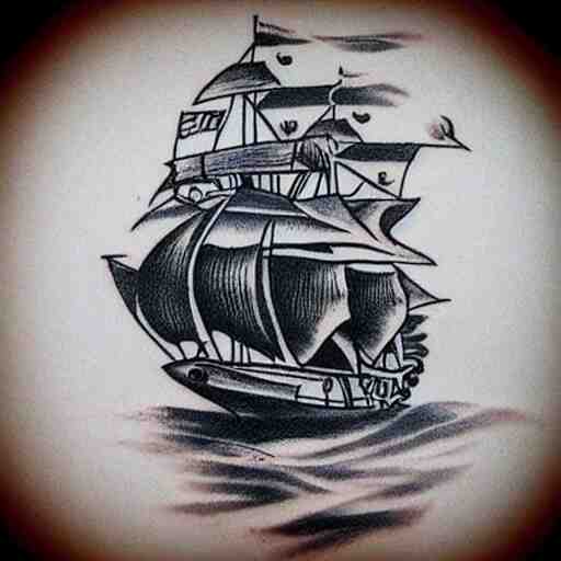 A pirate ship tattoo design in the design of Dmitriy Samohin