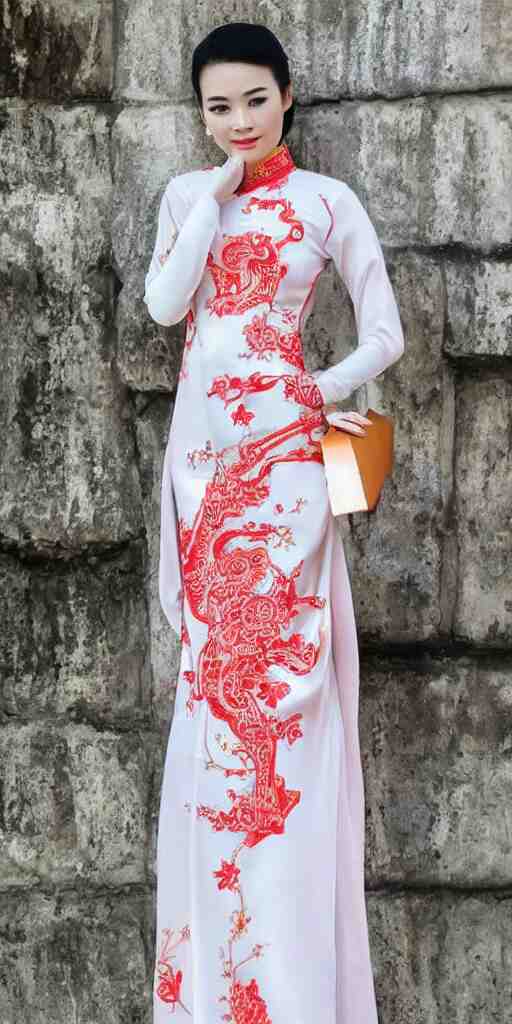 beautiful vietnamese woman wearing vietnamese ao dai, intricate, detailed, symmetric face 