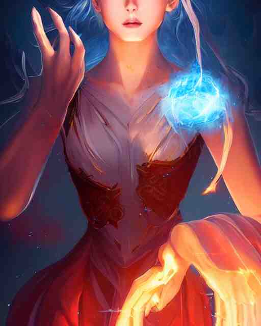 digital art by wlop and artgerm in the style of throne of glass book covers illustrations, a young adult female magician with fireballs in hand and a blue magic lighting aurea overlay 