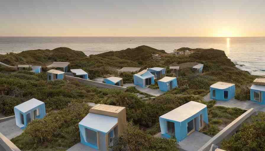 An architectural rending of an eco-community neighborhood of innovative contemporary 3D printed sea ranch style cabins with rounded corners and angles, beveled edges, made of cement and concrete, organic architecture, on the California coastline with side walks, parks and public space , Designed by Gucci and Wes Anderson, golden hour