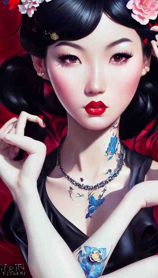 a pin up and beautiful fashion and charming and dreamlke asian girl with lv jewelry, medium shot, art by artgerm & ross tran & wlop, hyperdetailed, 8 k realistic, symmetrical, frostbite 3 engine, cryengine, dof, trending on artstation, digital art 