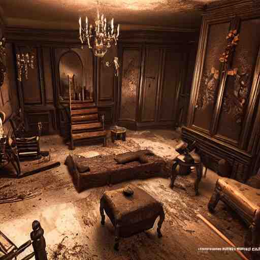 room of a dark mansion, objects from ritual in the ground, realistic, highly detailed, hd, unreal engine, background of resident evil game 