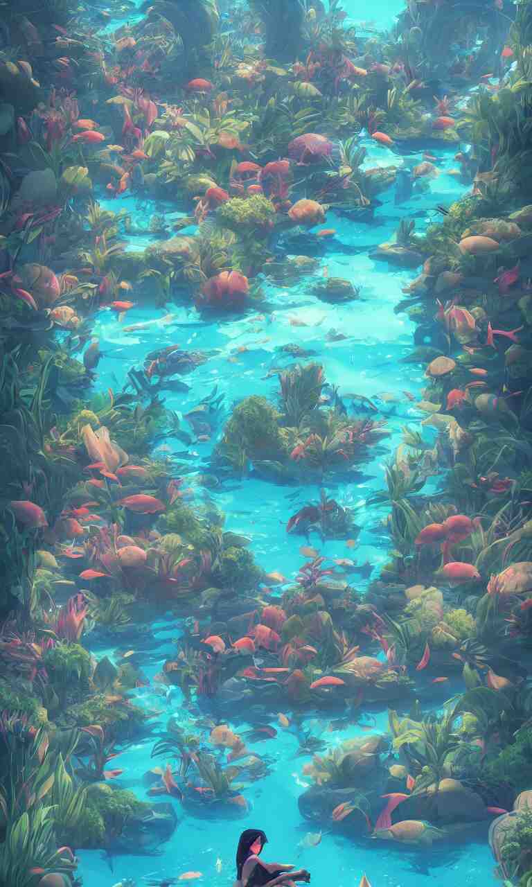 bordeaux under water immerged in a paradisiac lagoon full of tropical fish, butterflies, palms and surrounded by riverfalls, global illumination lighting artstation, lois van baarle, ilya kuvshinov, rossdraws 