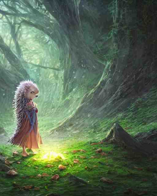 Hedgehog magus, gaia, nature, fairy, forest background, magic the gathering artwork, D&D, fantasy, cinematic lighting, centered, symmetrical, highly detailed, digital painting, artstation, concept art, smooth, sharp focus, illustration, volumetric lighting, epic Composition, 8k, art by Akihiko Yoshida and Greg Rutkowski and Craig Mullins, oil painting, cgsociety