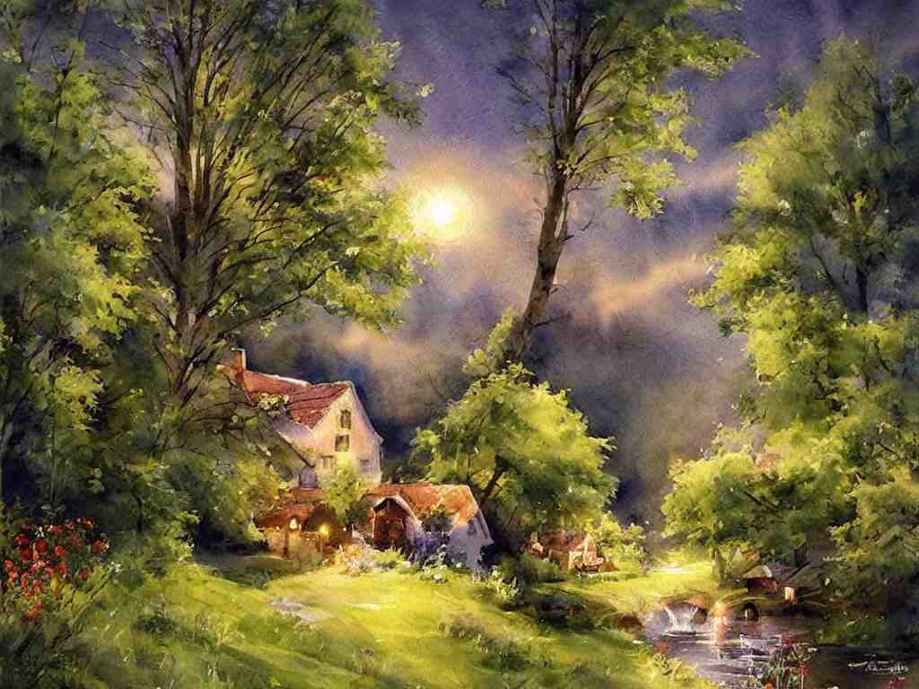 A beautiful night in the swedish countryside, watercolor painting by Vladimir Volegov