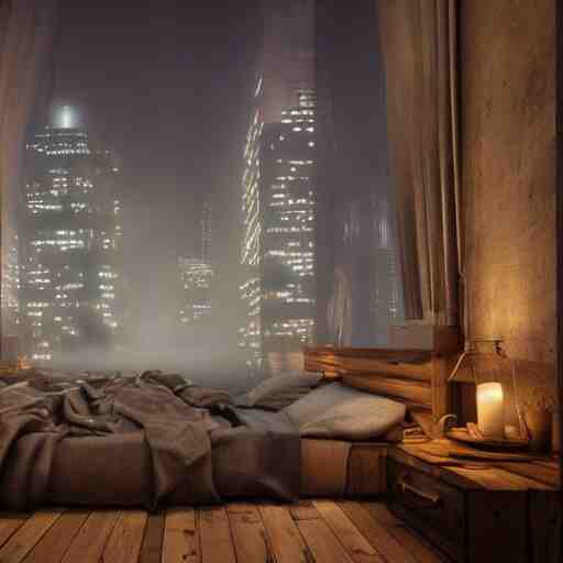 cozy rustic bedroom with a night view of new york in heavy mist, highly detailed, artstation, concept art 