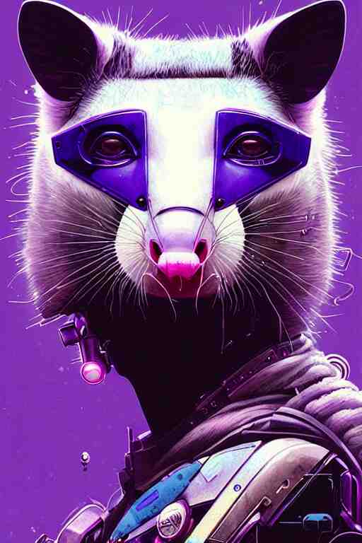 a beautiful portrait of a cute cyberpunk opossum by sandra chevrier and greg rutkowski and wlop, purple blue color scheme, high key lighting, volumetric light, digital art, highly detailed, fine detail, intricate, ornate, complex, octane render, unreal engine, photorealistic 