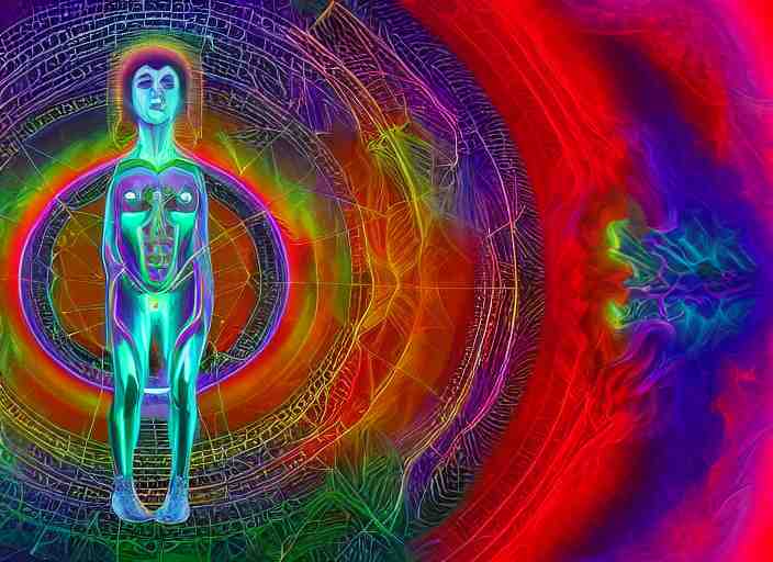 trasnformation into transcendence into collaborative intelligence, endless collaboration with ai, connectedness, body, by alex grey, album cover, award winning, beautiful, colorful, volumetric lighting, trending on artstation, cinematic 