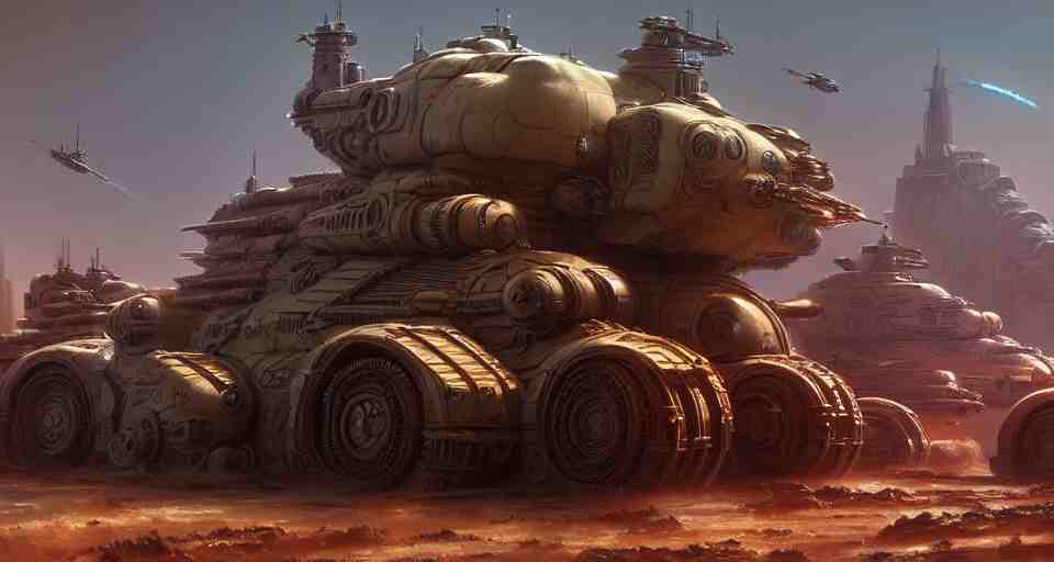 warm colored, highly detailed cinematic scifi render of 3 d sculpt of spiked gears of war bucketwheel jabbas palace cybertron fury road m 1 tank, military chris foss, john harris, hoover dam'aircraft carrier tower'beeple, warhammer 4 0 k, halo, star citizen, halo, mass effect, high tech industrial, artstation unreal, 4 k, 8 k, hd 