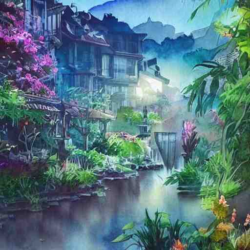 Beautiful happy picturesque charming sci-fi town in harmony with nature. Beautiful light. Water and plants. Nice colour scheme, soft warm colour. Beautiful detailed artistic watercolor by Vincent. (2022)