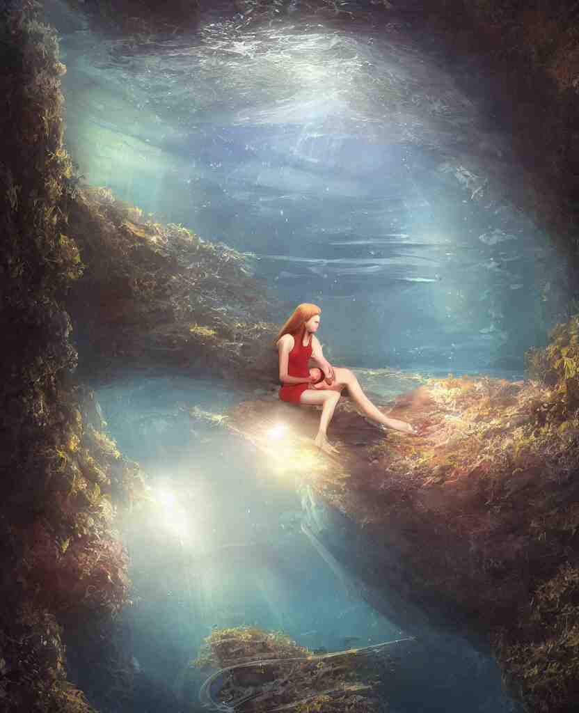 a girl sitting in a large glass egg - shaped submersible, surrounded by a deep exotic underwater canyon kelp forest, by noriyoshi ohrai, ron walotsky, ralph mcquarrie, soft natural volumetric lighting, realistic 4 k unreal engine 5 beautifully detailed render, 4 k post processing 