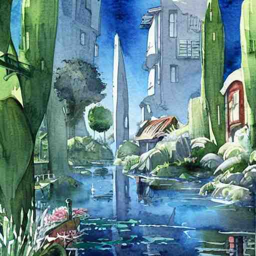 Beautiful happy picturesque charming sci-fi town in harmony with nature. Beautiful light. Water and plants. Nice colour scheme, soft warm colour. Beautiful detailed watercolor by Lurid. (2022)