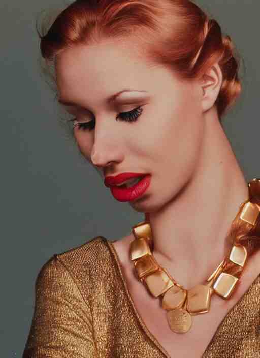 vintage photograph of an olive skinned female model with strawberryblonde hair in her twenties, her hair pinned up, wearing a designer top and one thin gold necklace, looking content, focused on her neck, photo realistic, extreme detail skin, natural beauty, no filter, slr, golden hour, 4 k, high definition, selfie 