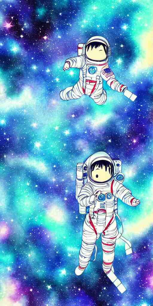 oriental water color of a female astronaut, floating through the void of space, stars are spread out, anime movie, highly detailed 