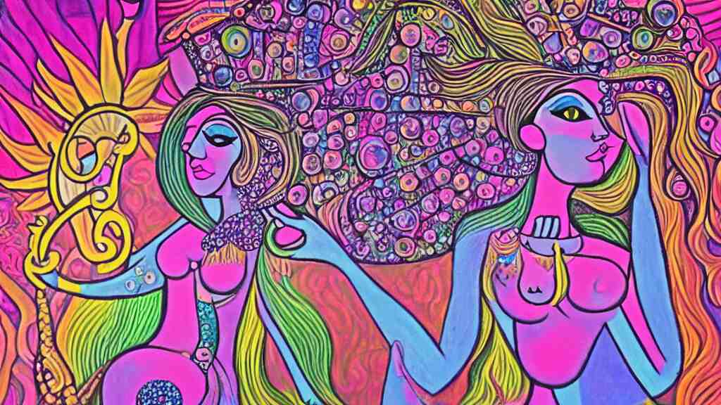 mushroom goddess, dripping crystals, full body dynamic pose, attractive form, psychedelic dmt deity, picasso, pin up girl, visionary art, fully colored and rendered 