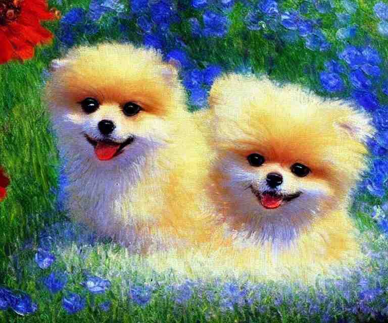 pomeranian, cute, monet, oil painting 