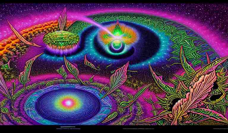 an expansive rendering of beautiful and complex ultimate void and black holes by dan mumford, by jim fitzpatrick, by joe wilson, by jim burns, by victo ngai, by jacek yerka, surrounded with colorful magic mushrooms and rainbowcolored marihuana leaves, insanely integrate, featured on deviant art, trending on artstation 