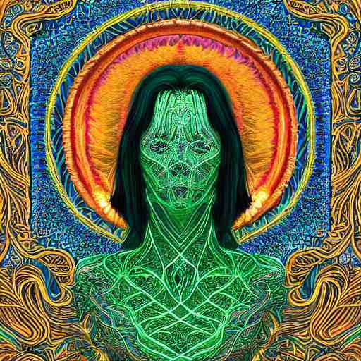 a majestic portrait of a woman with a vascular structure as the amazon aws logo, digital painting, high detail, 8 k, intricate ornamental details, vibrant iridescent colors, green magenta and gold 