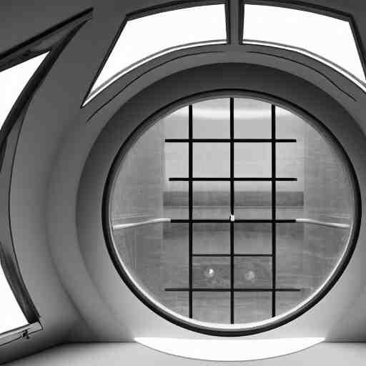 small single bedroom inside space ship with round window looking into space, gray metallic walls, style of engine factory room, 1960s, science fiction, ultra realistic, 4k.