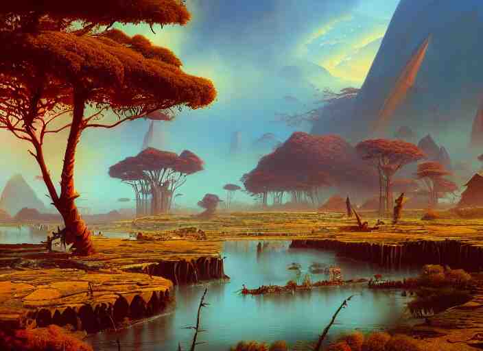 The ash lands of Morrowind by Bruce Pennington, fantasy landscape, oil painting, 8k, featured on artstation, elegant, intricate