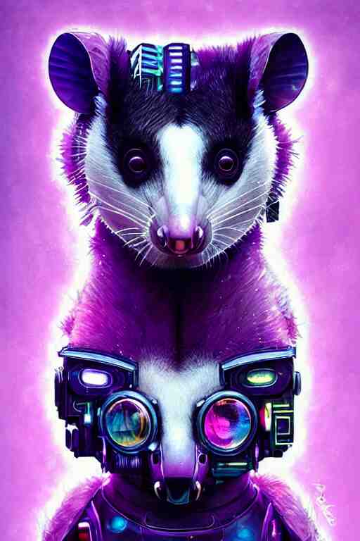 a beautiful portrait of a cute cyberpunk opossum aaaaaaaaaa by sandra chevrier and greg rutkowski and wlop, purple blue color scheme, high key lighting, volumetric light, digital art, highly detailed, fine detail, intricate, ornate, complex, octane render, unreal engine, photorealistic 