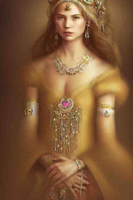 beautiful very detailed portrait of a young princess with lots of jewelry in the face, full body, in the background there is a minimalistic palace, digital art , dramatic cinematic lighting rendered by octane, 8k, detailed, intricate, clean and textures, trending on artstation, treanding on deviantart, trending on cgsociety, pinterest, by Lauren Brevner