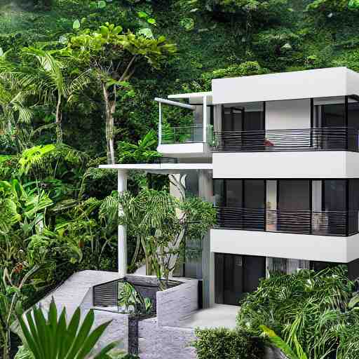 2000sf two level house,wrap around balconies, rock front yard, in a tropical rainforest,photorealistic,8k, XF IQ4, 150MP, 50mm, F1.4, ISO 200, 1/160s, natural light