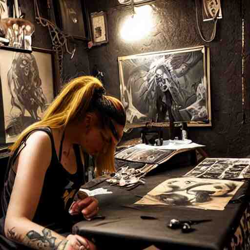 female tattoo artist in gothic tattoo studio, greg rutkowski 